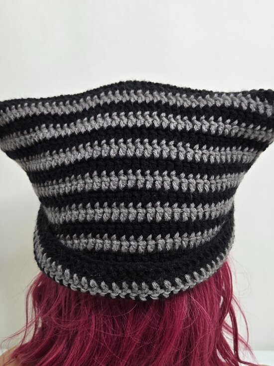Handmade Crochet Cat Ear Beanie, Striped Acrylic Kitty Hat Black Gray main image 5